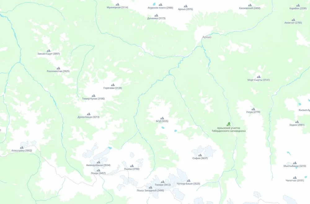 Горы Архыза на карте