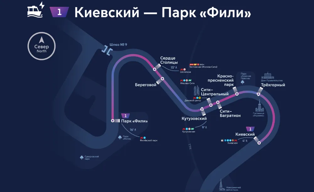 Схема регулярного речного маршрута №1 Киевский — Парк Фили на карте Москвы