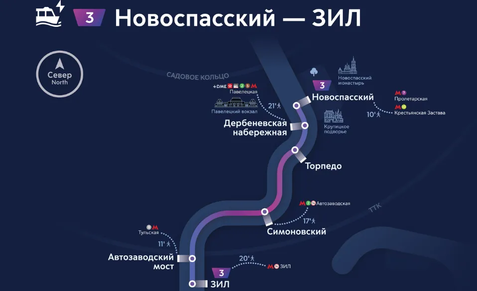 Схема регулярного речного маршрута №3 Новоспасский — ЗИЛ на карте Москвы