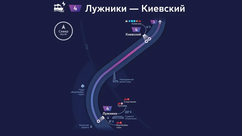 Схема регулярного речного маршрута №4 Лужники — Киевский на карте Москвы