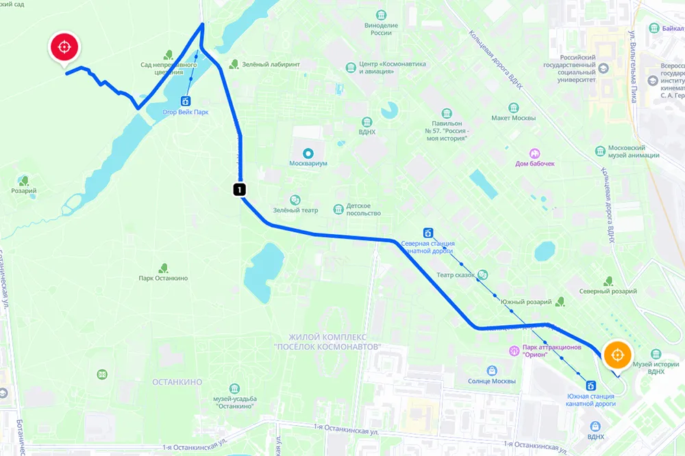 Веломаршрут ВДНХ — парк Останкино — Главный ботанический сад им. Н. В. Цицина РАН на карте