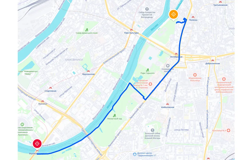 Веломаршрут парк искусств Музеон — парк Горького — Воробьевы горы на карте
